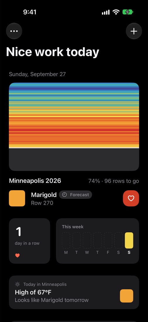 One Row's home screen with the blanket filling in, a streak and this week's colors