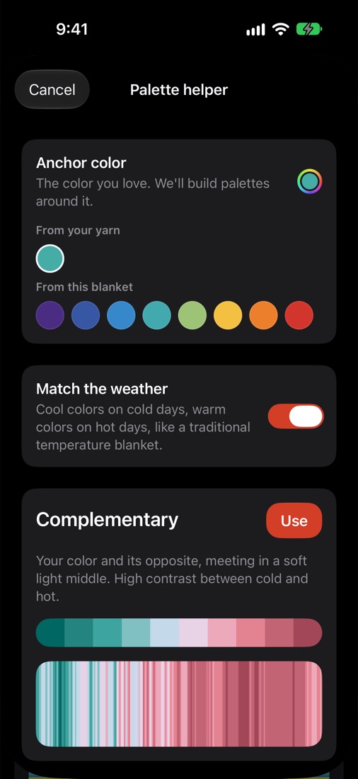 The palette helper with an anchor color and a complementary palette